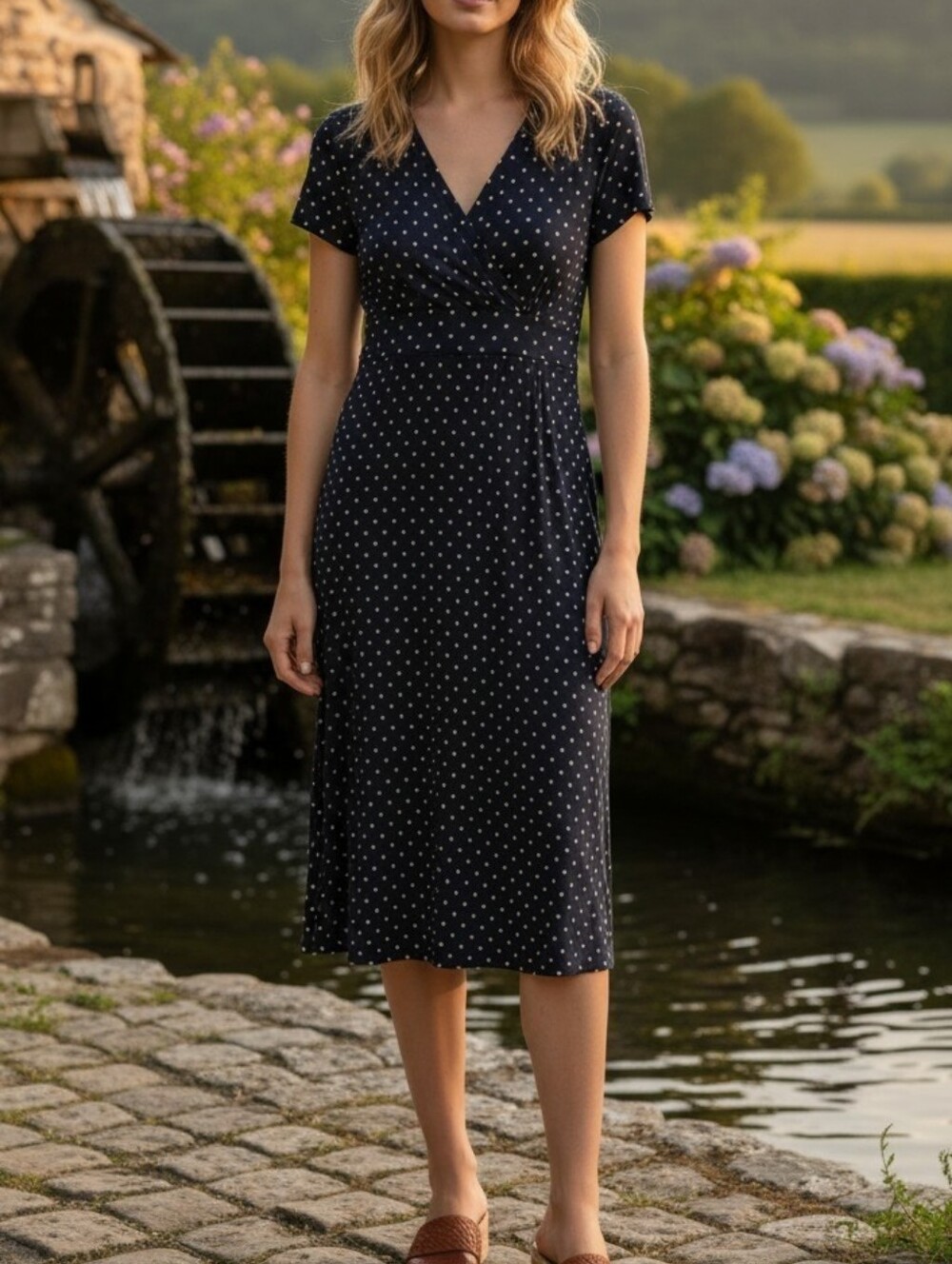 L.L. Bean Navy Polka Dot Wrap-Style Midi Dress